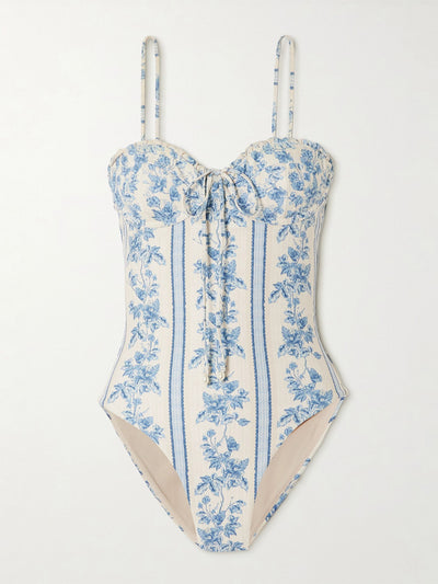 Agua By Agua Bendita Ébano Bougainvillea faux pearl-embellished tie-detailed floral-print recycled swimsuit at Collagerie