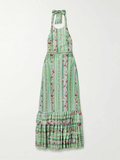 Agua By Agua Bendita Magnolia Honeysuckle tiered embroidered floral-print linen and silk-blend halterneck maxi dress at Collagerie