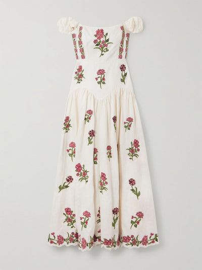 Agua By Agua Bendita Siembra off-the-shoulder appliquéd embroidered printed linen maxi dress at Collagerie