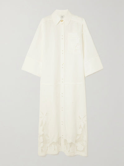 Aje Agua appliquéd mesh-trimmed linen-blend midi shirt dress at Collagerie
