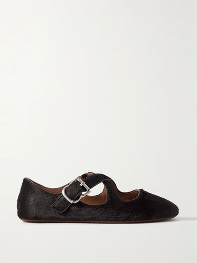 Alaïa Criss Cross leather-trimmed calf hair ballet flats at Collagerie