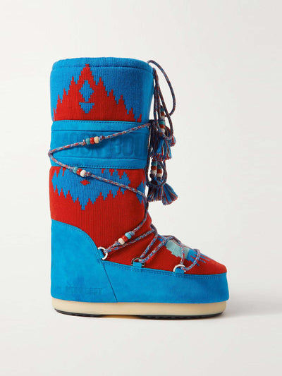 Alanui x Moon Boot Embellished wool-jacquard and suede snow boots at Collagerie