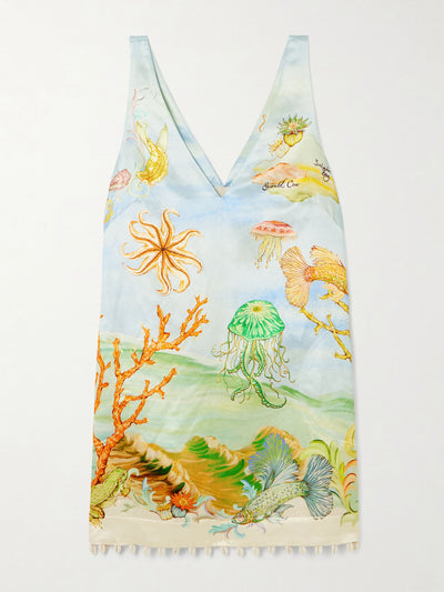 Alémais + Sam Pauletto Emerald Cove embellished printed hemp and silk-blend mini dress at Collagerie