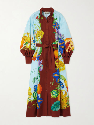 Alémais Dahlia belted floral-print cotton and silk-blend midi dress at Collagerie