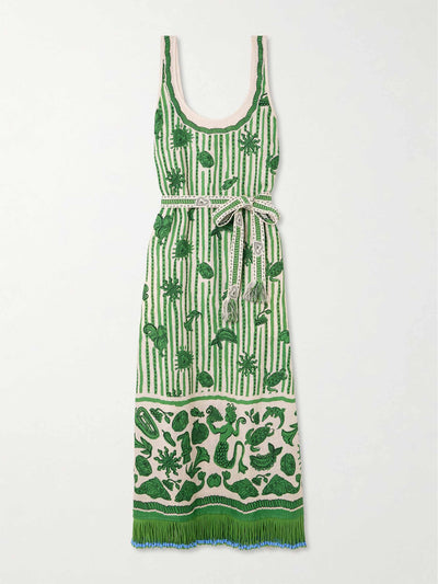 Alémais Lula belted fringed embellished printed cotton and silk-blend midi dress at Collagerie