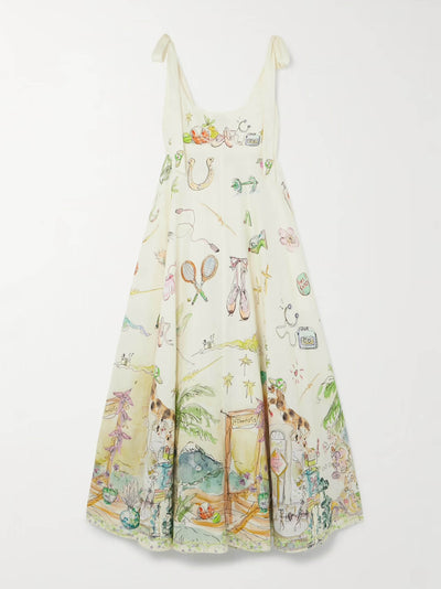 Alémais Ballet tie detailed printed shirred linen dress at Collagerie