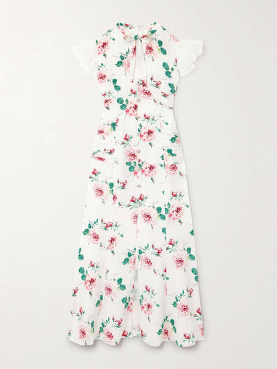 Alessandra Rich Bow-detailed embellished organza-trimmed floral-print silk midi dress at Collagerie