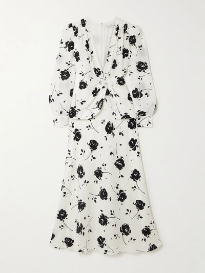 Alessandra Rich Embellished pleated floral-print silk crepe de chine midi dress at Collagerie