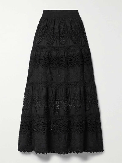 Alice + Olivia Black lace and embroidered maxi skirt at Collagerie