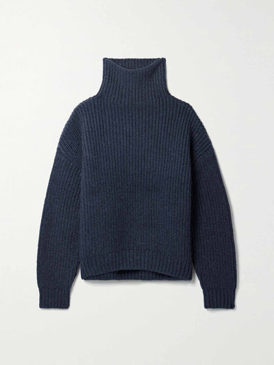 Annie Bing Navy ribbed-knit turtleneck sweater at Collagerie