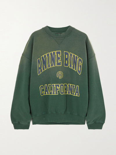 Anine Bing Green printed distressed cotton-jersey sweatshirt at Collagerie