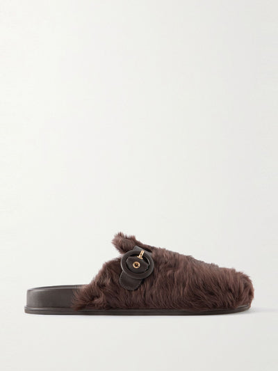 Aquazzura Cuddle buckled leather-trimmed shearling mules at Collagerie