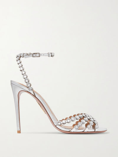 Aquazzura Tequila 105 crystal-embellished metallic leather sandals at Collagerie