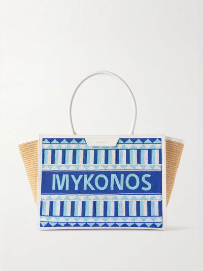 Aquazzura Mykonos leather-trimmed beaded raffia tote at Collagerie