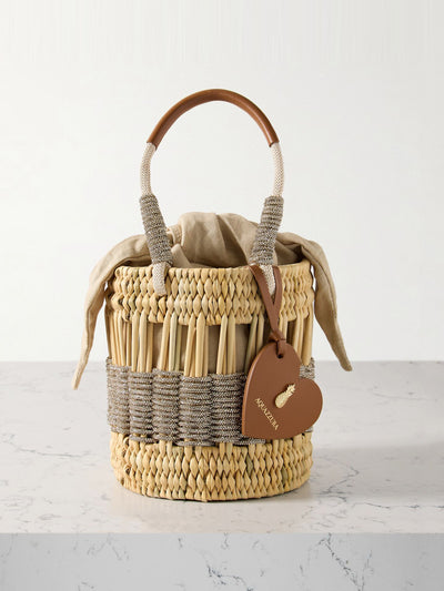 Aquazzura Sunkissed crystal-embellished leather-trimmed raffia and canvas tote at Collagerie