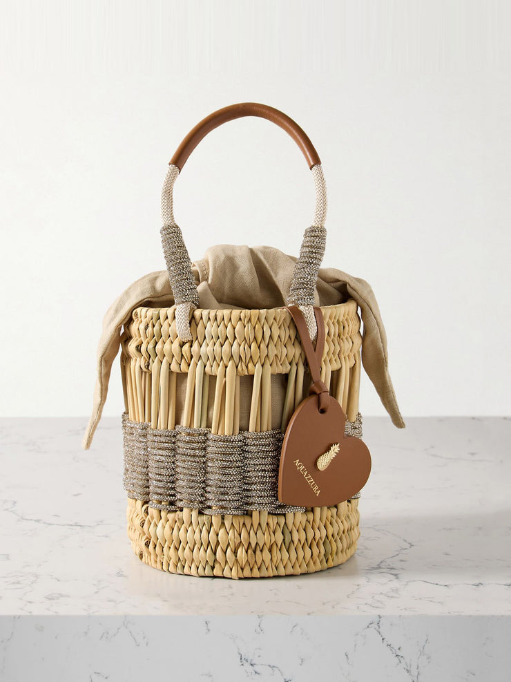 Sunkissed crystal-embellished leather-trimmed raffia and canvas tote Bags Aquazzura    - Collagerie