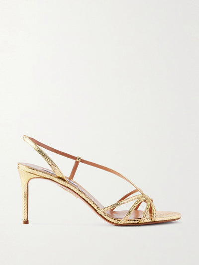 Aquazzura Talk to Me 75 metallic snake-effect leather slingback sandals at Collagerie