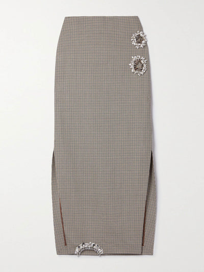 Area Brown crystal-embellished cutout houndstooth wool midi skirt at Collagerie