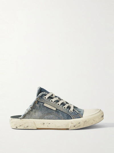 Balenciaga Paris distressed denim slip-on sneakers at Collagerie