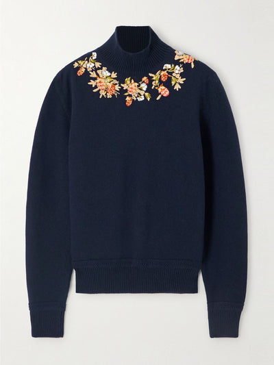 Bally Bead-embellished embroidered wool turtleneck sweater at Collagerie
