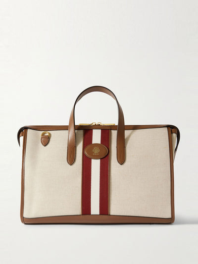 Bally Beckett East West embellished striped leather-trimmed canvas tote at Collagerie