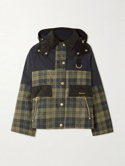 Barbour Elaine hooded corduroy-trimmed checked waxed-cotton jacket at Collagerie