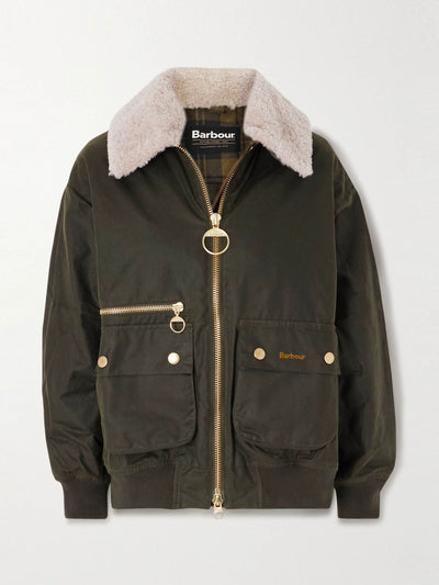 Barbour Maxine faux shearling-trimmed waxed-cotton jacket at Collagerie