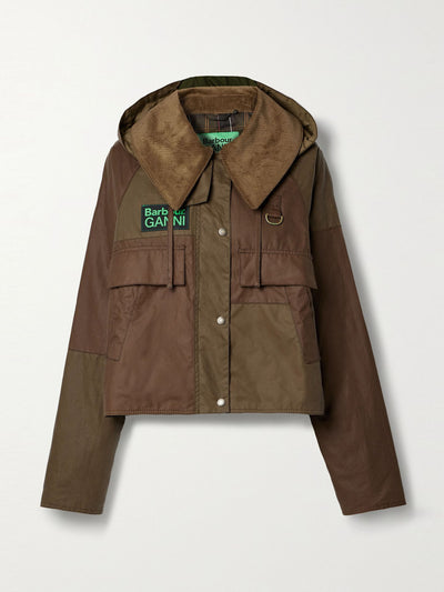 Barbour x Ganni Spey hooded corduroy-trimmed paneled organic waxed-cotton hooded jacket at Collagerie