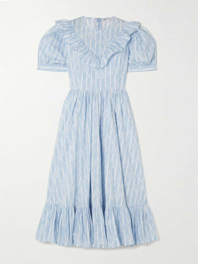 Batsheva + Laura Ashley Light blue ruffled printed cotton-poplin midi dress at Collagerie