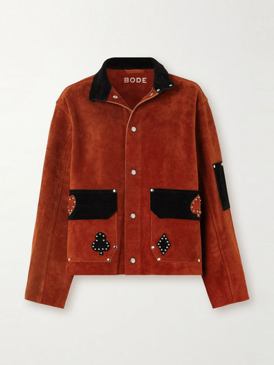 Bode Deck of Cards stud-embellished two-tone suede jacket at Collagerie