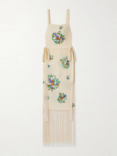 Bode Fringed embroidered silk crepe de chine midi dress at Collagerie