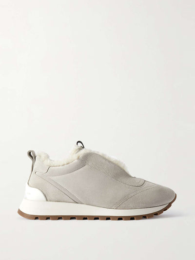 Brunello Cucinelli Bead-embellished shearling-trimmed suede slip-on sneakers at Collagerie