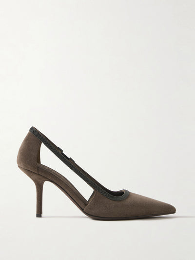 Brunello Cucinelli Cutout bead-embellished suede pumps at Collagerie