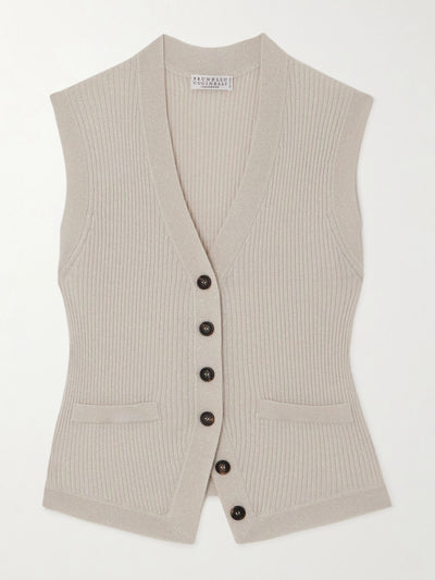 Brunello Cucinelli Ribbed metallic cashmere-blend vest at Collagerie