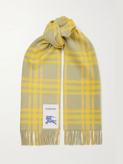 Burberry Appliquéd fringed checked cashmere scarf at Collagerie