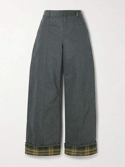 Burberry Checked twill-trimmed brushed cotton-blend wide-leg pants at Collagerie