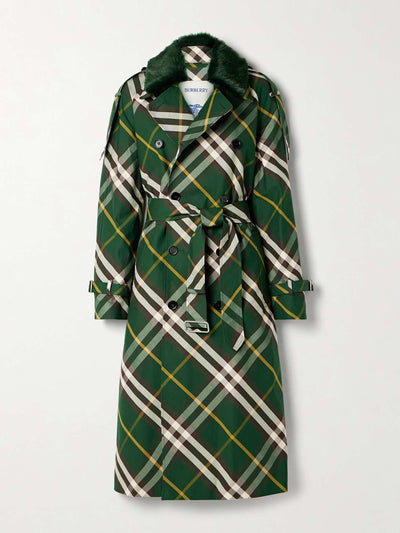 Burberry Faux fur-trimmed checked cotton-gabardine trench coat at Collagerie