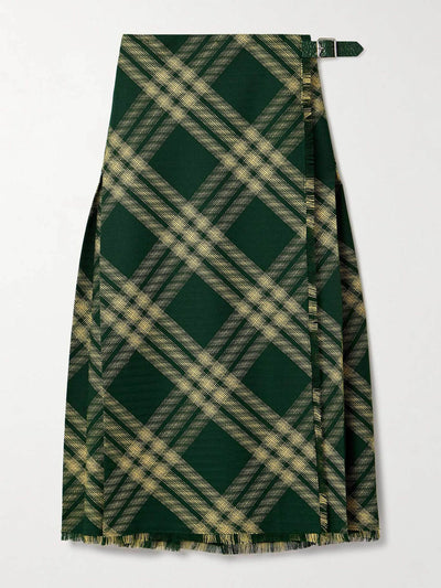 Burberry Pleated checked wool midi wrap skirt at Collagerie