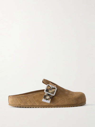 Burberry Urchin canvas-jacquard trimmed textured-suede clogs at Collagerie