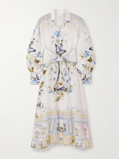 Camilla Belted embellished floral-print linen midi shirt dress at Collagerie