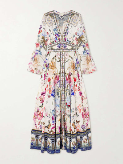 Camilla Crystal-embellished ruffled floral-print silk maxi dress at Collagerie