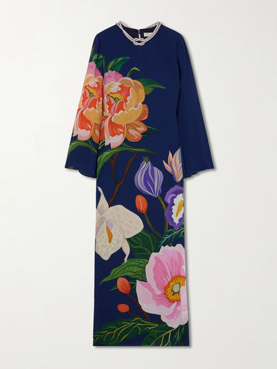 Borgo De Nor Capucine embellished floral-print crepe de chine maxi dress at Collagerie