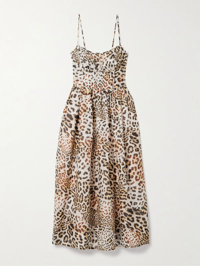 Cara Cara Alba gathered leopard-print linen and silk-blend organza midi dress at Collagerie