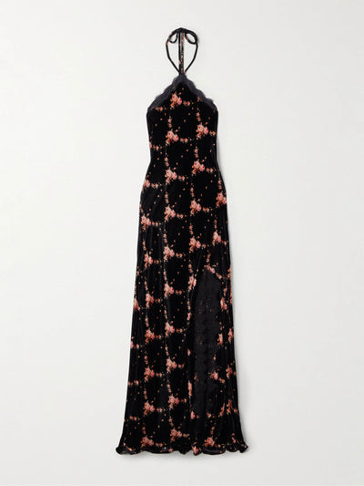 Cara Cara June lace-trimmed floral-print velvet halterneck maxi dress at Collagerie