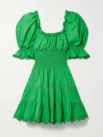 Charo Ruiz Green lace-trimmed ruched cotton-blend mini dress at Collagerie