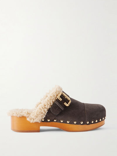 Chloé Jeannette embellished shearling-lined suede clogs at Collagerie