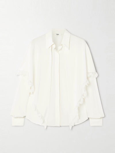 Chloé Lace-trimmed draped layered silk-crepe de chine shirt at Collagerie