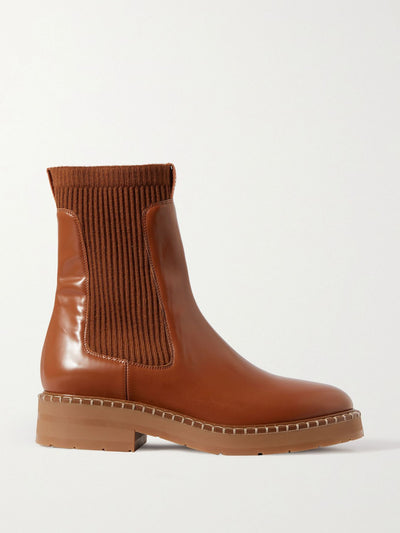 Chloé Brown glossed-leather and ribbed-knit Chelsea boots at Collagerie