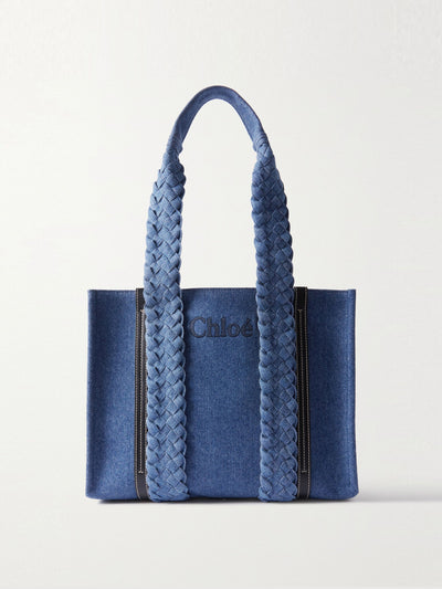 Chloé Woody leather-trimmed logo-embroidered denim shoulder bag at Collagerie