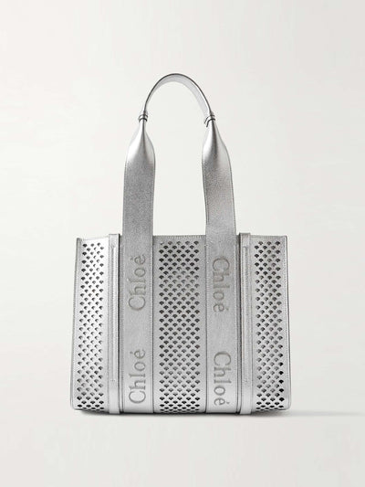 Chloé Woody embroidered laser-cut metallic leather tote bag at Collagerie